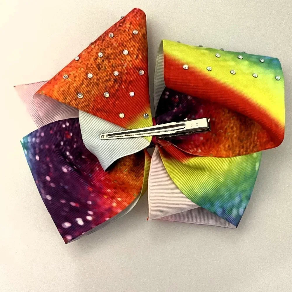 JOJO SIWA HAIR BOW SET, RAINBOW WITH RHINESTONES AND MERMAID PRINT 2 BOWS